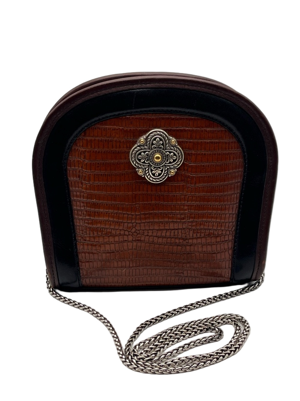 Brighton Vintage Brown Black Croc-Embossed Crossbody Bag Small Saddle Leather
